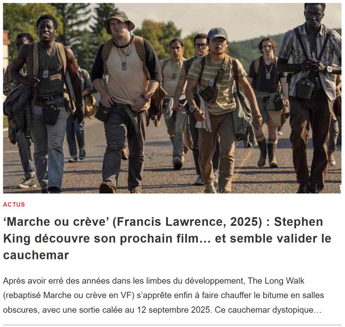 ‘Marche ou crève’ (Francis Lawrence, 2025) : Stephen King découvre son prochain film… et semble valider le cauchemar